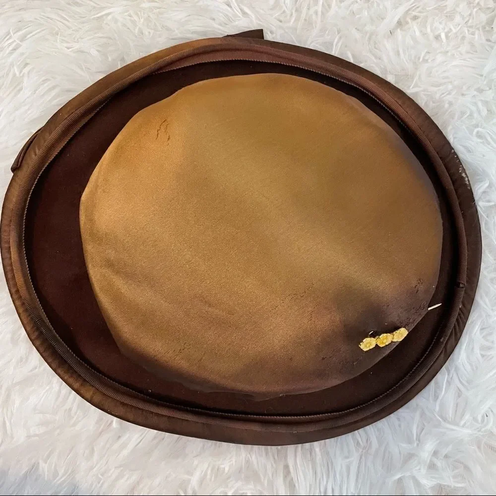 Vintage 1940s Bronze Satin Dish Hat with Golden Cloisonné Hat Pin - Picture 11 of 12